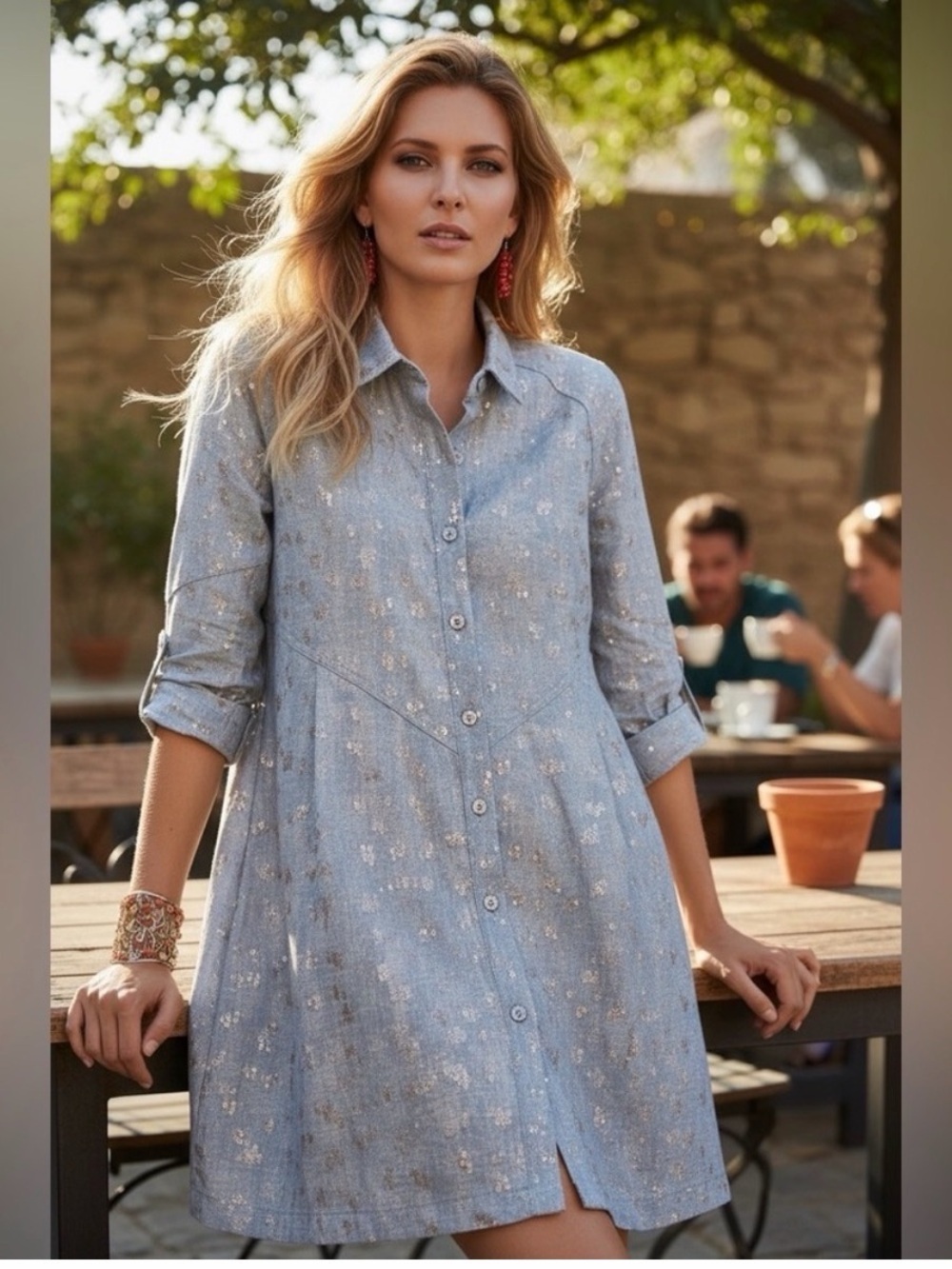 Blue Denim Button-Front Mini Dress with silver Sparkles